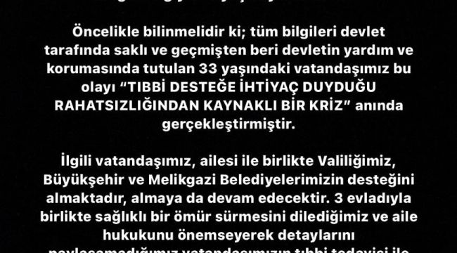 Kayseri Büyükşehir Belediyesinden kendine zarar veren şahıs ile ilgili açıklama