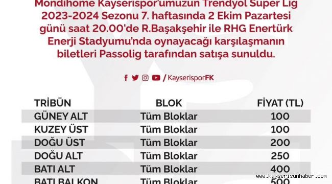 Kayserispor-Başakşehir maçının bilet fiyatları belli oldu