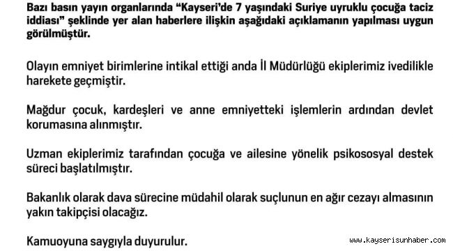 Aile ve Sosyal Hizmetler Bakanlığı'ndan Kayseri'deki taciz iddialarına ilişkin açıklama