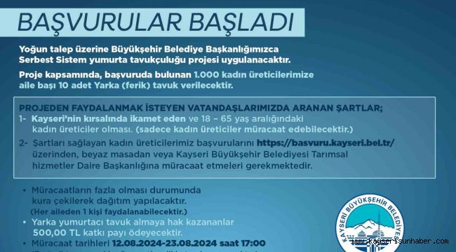 Büyükşehir'in Serbest Sistem Yumurta Tavukçuluğu Projesi'ne müracaatlar başladı