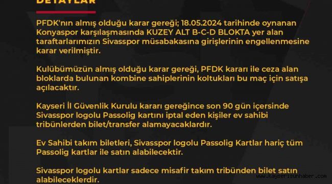 Kayserispor-Sivasspor maçının biletleri satışa çıkıyor