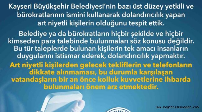 Büyükşehir'den 'dolandırıcılık' uyarısı